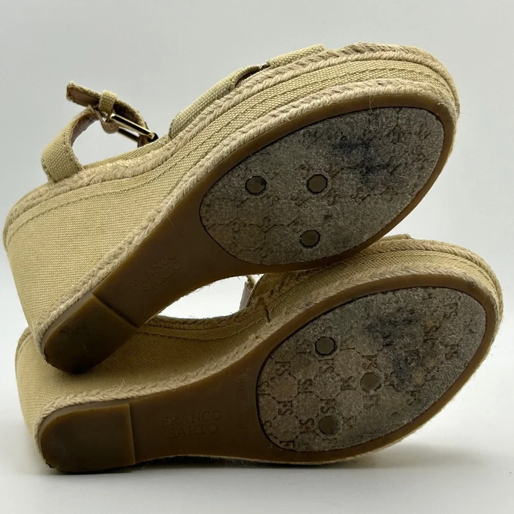 Franco Sarto Wedge Sandals Womens 7.5 Beige Canvas Espadrille T-Strap Boho Coast